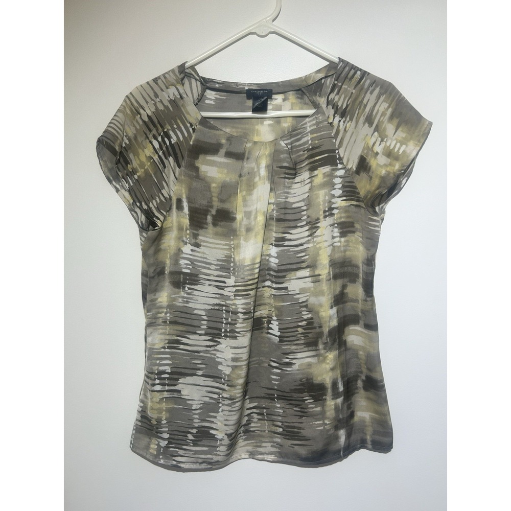 Ann Taylor Green & Gray Blouse Top Polyester Pullover Cap Sleeve Women's M